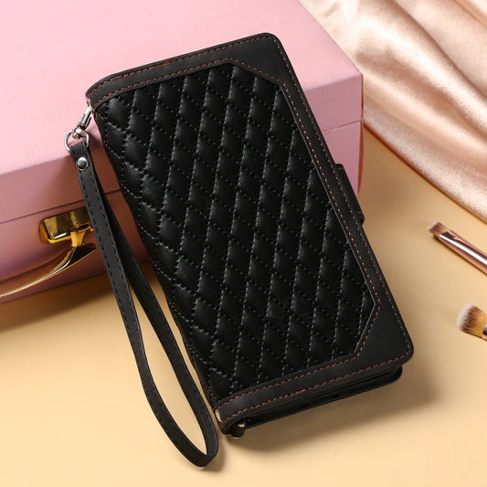 For iPhone 16 Plus Grid Texture Zipper Leather Phone Case with Lanyard(Black) by buy2fix
