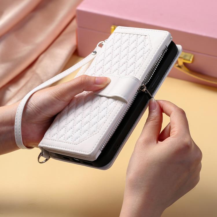 For iPhone 16e Grid Texture Zipper Leather Phone Case with Lanyard(White) - iPhone 16e Cases by buy2fix | Online Shopping UK | buy2fix