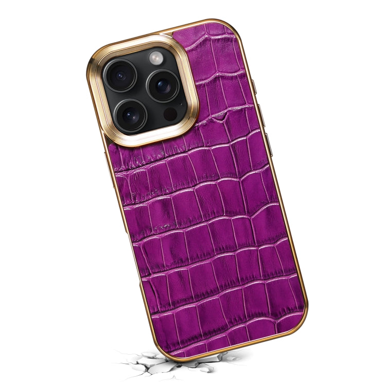 For iPhone 16 Pro Max Denior Crocodile Texture Genuine Leather Electroplating Phone Case(Purple) by Denior