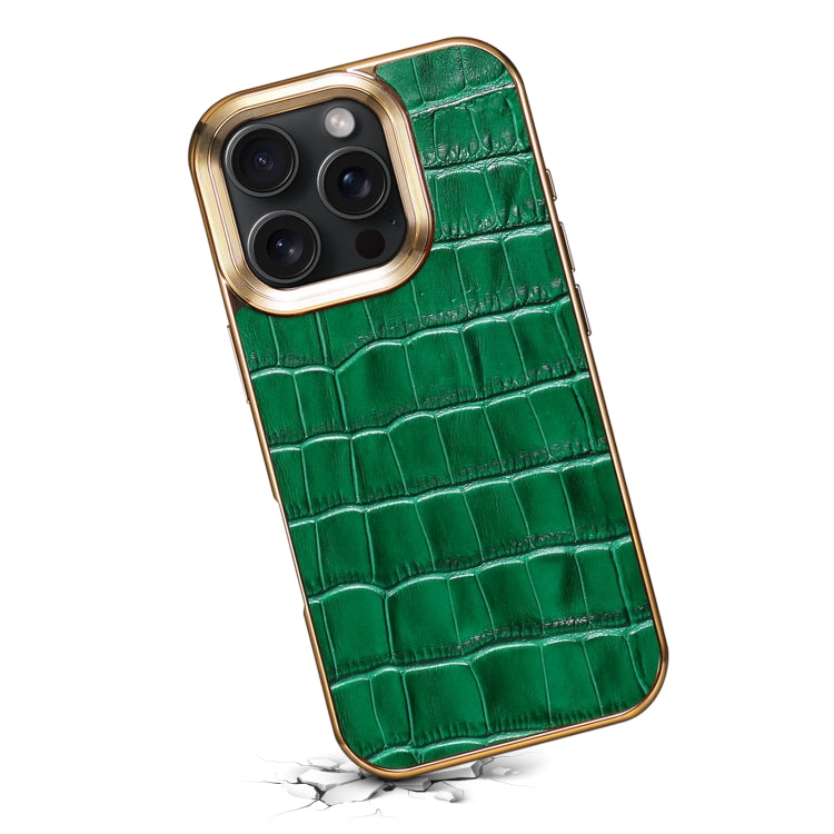 For iPhone 16 Pro Max Denior Crocodile Texture Genuine Leather Electroplating Phone Case(Green) by Denior