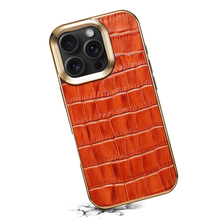 For iPhone 16 Pro Max Denior Crocodile Texture Genuine Leather Electroplating Phone Case(Mocha Brown) by Denior