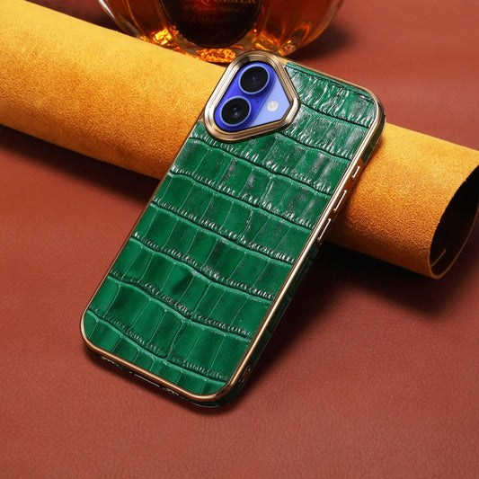 For iPhone 16 Denior Crocodile Texture Genuine Leather Electroplating Phone Case(Green) by Denior