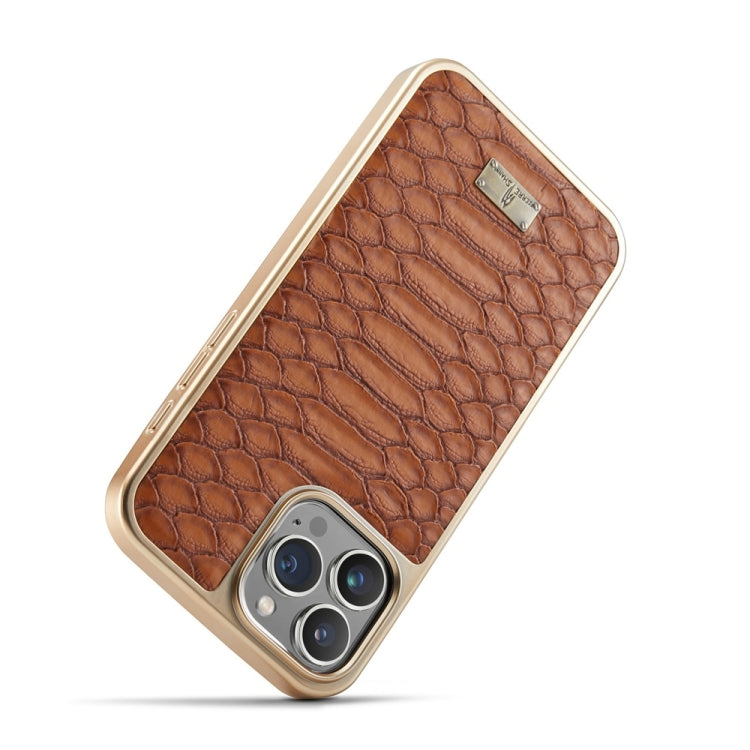 For iPhone 16 Pro Max Fierre Shann Python Texture Electroplating PU Phone Case(Brown) by FIERRE SHANN
