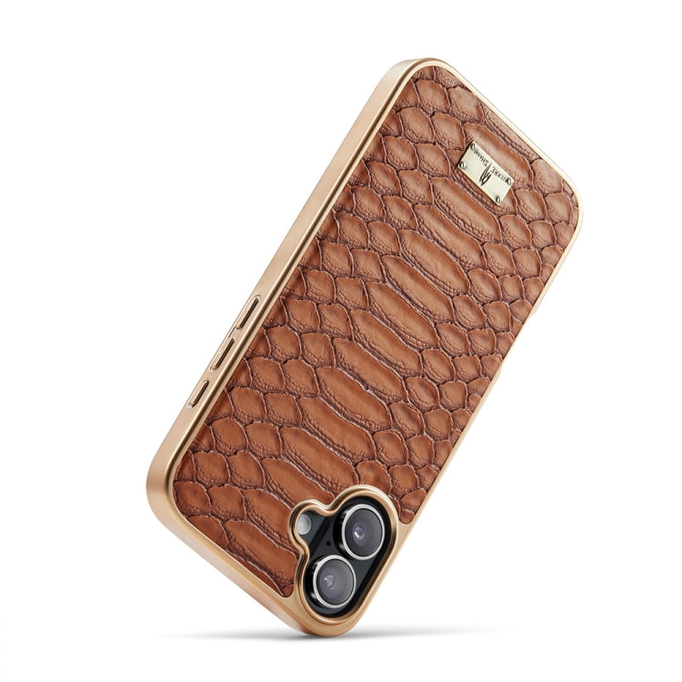 For iPhone 16 Fierre Shann Python Texture Electroplating PU Phone Case(Brown) by FIERRE SHANN
