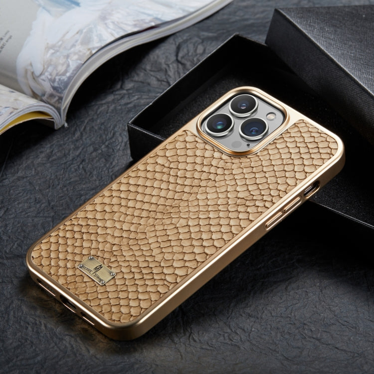 For iPhone 15 Pro Max Fierre Shann Snake Texture Electroplating PU Phone Case(White) by FIERRE SHANN