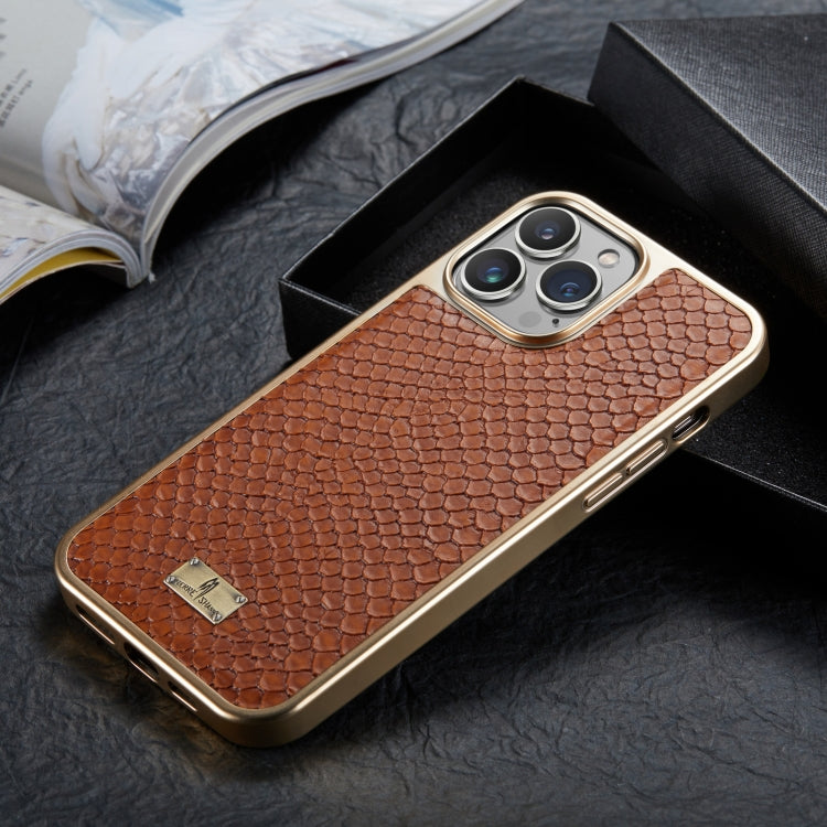 For iPhone 14 Plus Fierre Shann Snake Texture Electroplating PU Phone Case(Brown) - iPhone 14 Plus Cases by FIERRE SHANN | Online Shopping UK | buy2fix