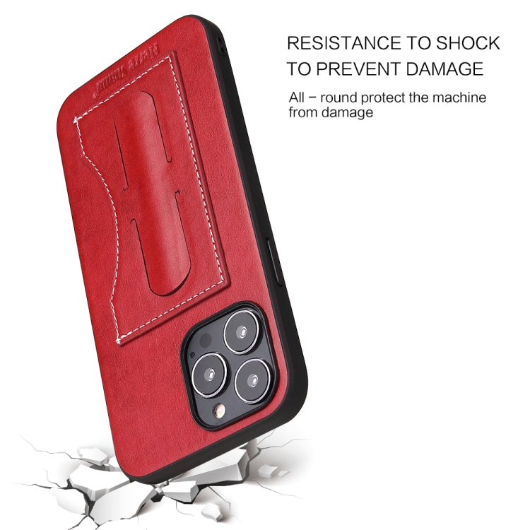For iPhone 14 Fierre Shann Holder Back Cover PU Phone Case(Red) - iPhone 14 Cases by FIERRE SHANN | Online Shopping UK | buy2fix