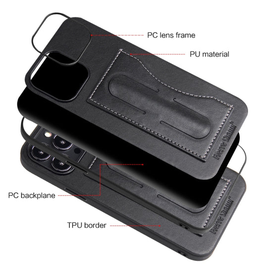 For iPhone 14 Pro Fierre Shann Holder Back Cover PU Phone Case(Black) - iPhone 14 Pro Cases by FIERRE SHANN | Online Shopping UK | buy2fix