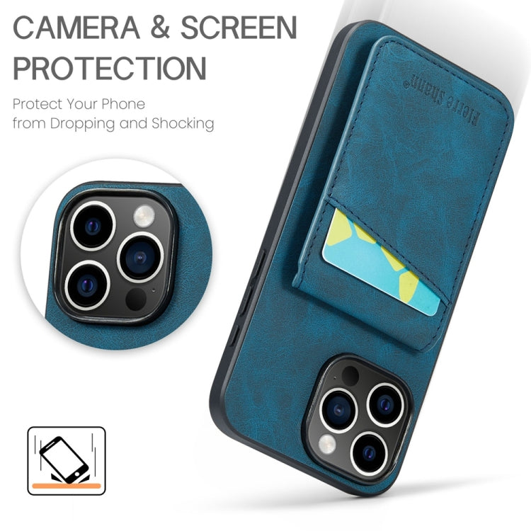 For iPhone 16 Pro Fierre Shann Crazy Horse Card Holder Back Cover PU Phone Case(Blue) by FIERRE SHANN