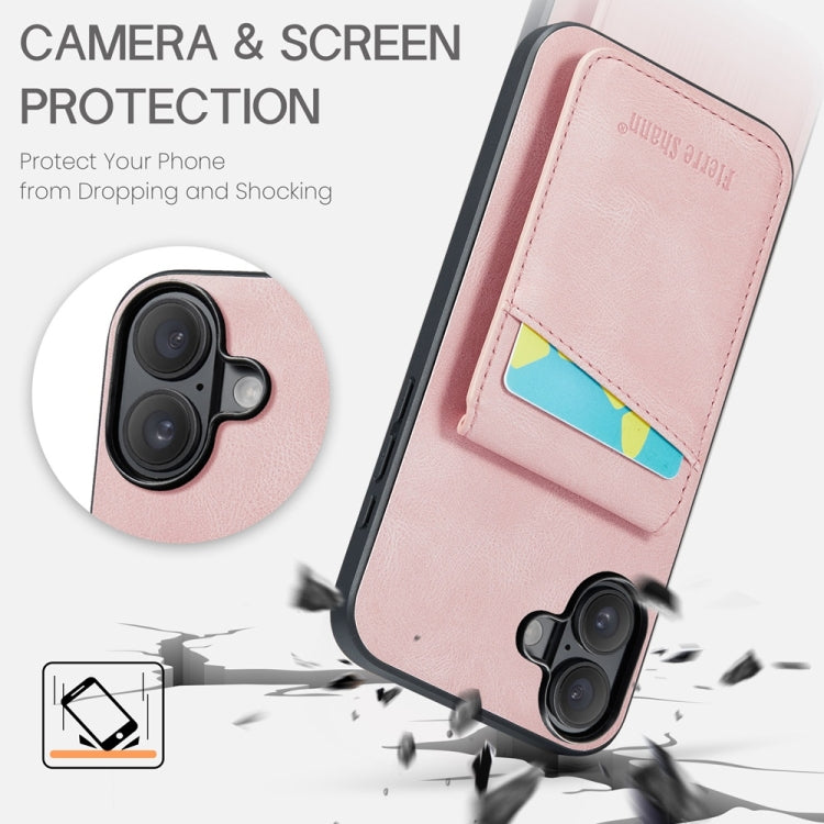 For iPhone 16 Plus Fierre Shann Crazy Horse Card Holder Back Cover PU Phone Case(Pink) by FIERRE SHANN