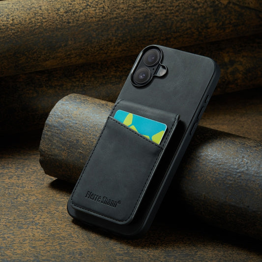 For iPhone 16 Plus Fierre Shann Crazy Horse Card Holder Back Cover PU Phone Case(Black) by FIERRE SHANN