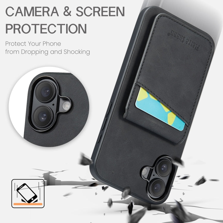 For iPhone 16 Fierre Shann Crazy Horse Card Holder Back Cover PU Phone Case(Black) by FIERRE SHANN