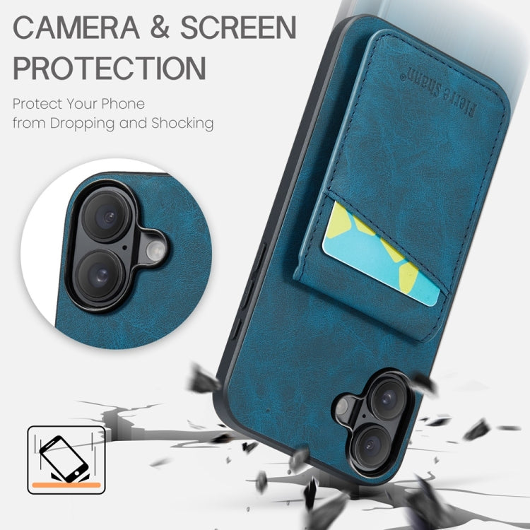 For iPhone 16 Fierre Shann Crazy Horse Card Holder Back Cover PU Phone Case(Blue) by FIERRE SHANN