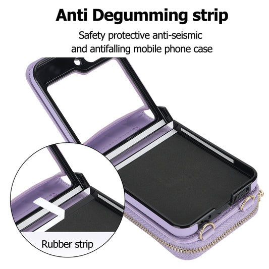 For Samsung Galaxy Z Flip5 Rhombic Texture Card Bag Phone Case with Dual Lanyard(Purple) - Galaxy Z Flip5 Cases by buy2fix | Online Shopping UK | buy2fix