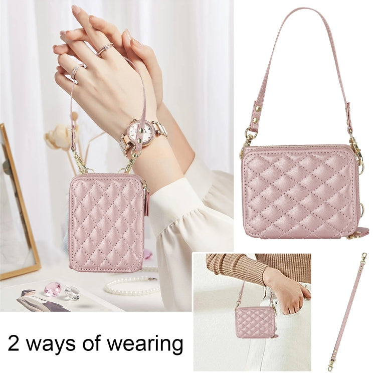 For Samsung Galaxy Z Flip6 Rhombic Texture Card Bag Phone Case with Dual Lanyard(Rose Gold) - Galaxy Z Flip6 5G Cases by buy2fix | Online Shopping UK | buy2fix