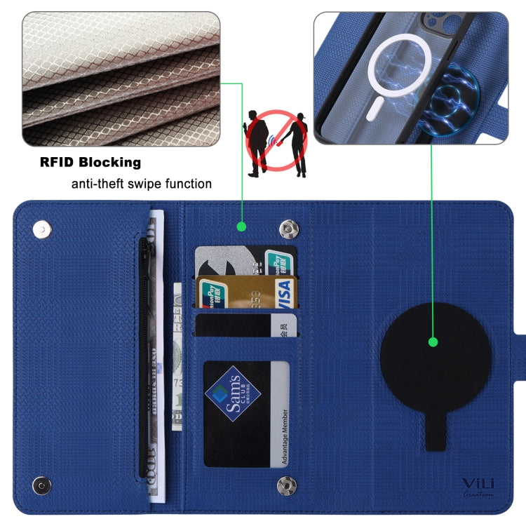 For iPhone 13 Pro Max ViLi GHB Series MagSafe Magnetic Zipper Leather Phone Case(Blue) by ViLi