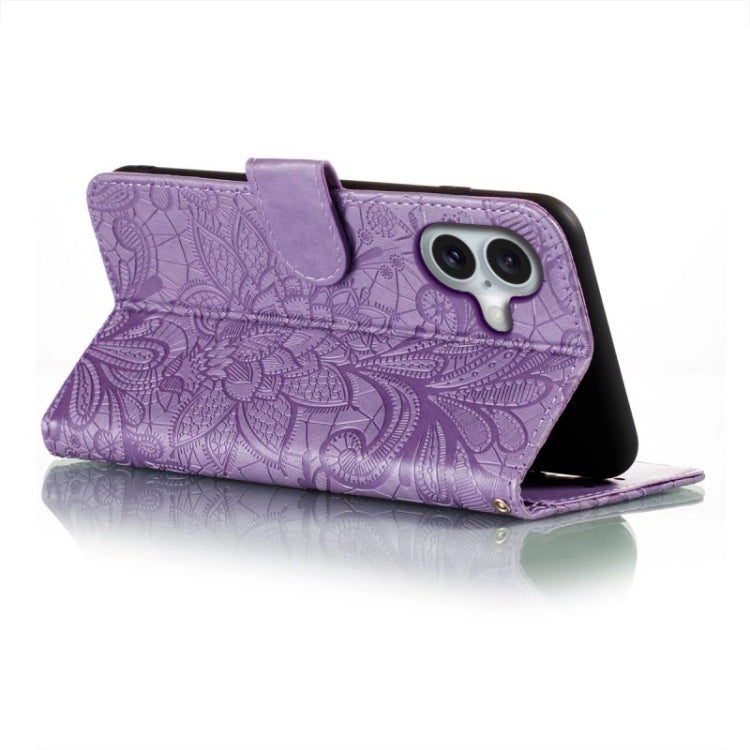 For iPhone 16 Lace Flower Embossing Flip Leather Phone Case(Purple) by buy2fix