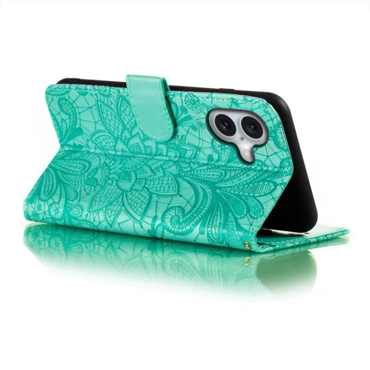 For iPhone 16 Lace Flower Embossing Flip Leather Phone Case(Green) by buy2fix