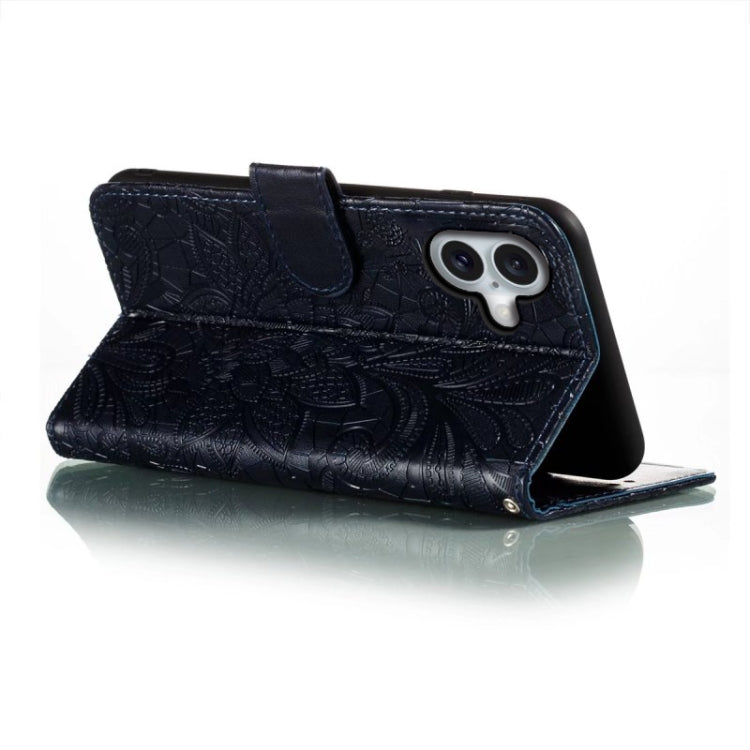 For iPhone 16 Plus Lace Flower Embossing Flip Leather Phone Case(Dark Blue) by buy2fix