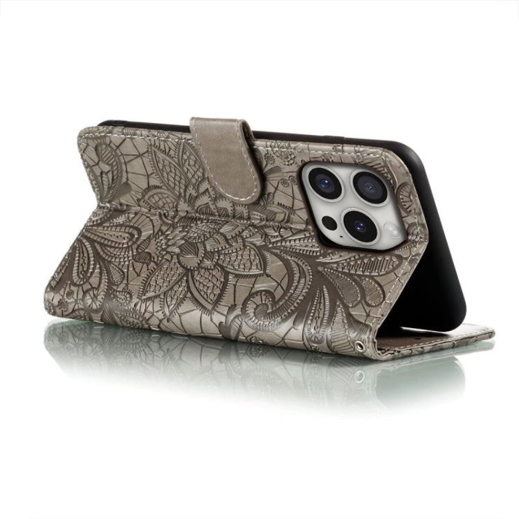 For iPhone 16 Pro Lace Flower Embossing Flip Leather Phone Case(Grey) by buy2fix