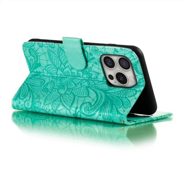 For iPhone 16 Pro Lace Flower Embossing Flip Leather Phone Case(Green) by buy2fix