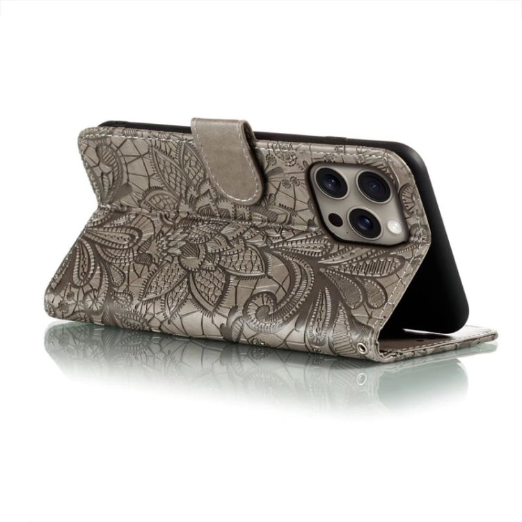 For iPhone 16 Pro Max Lace Flower Embossing Flip Leather Phone Case(Grey) by buy2fix