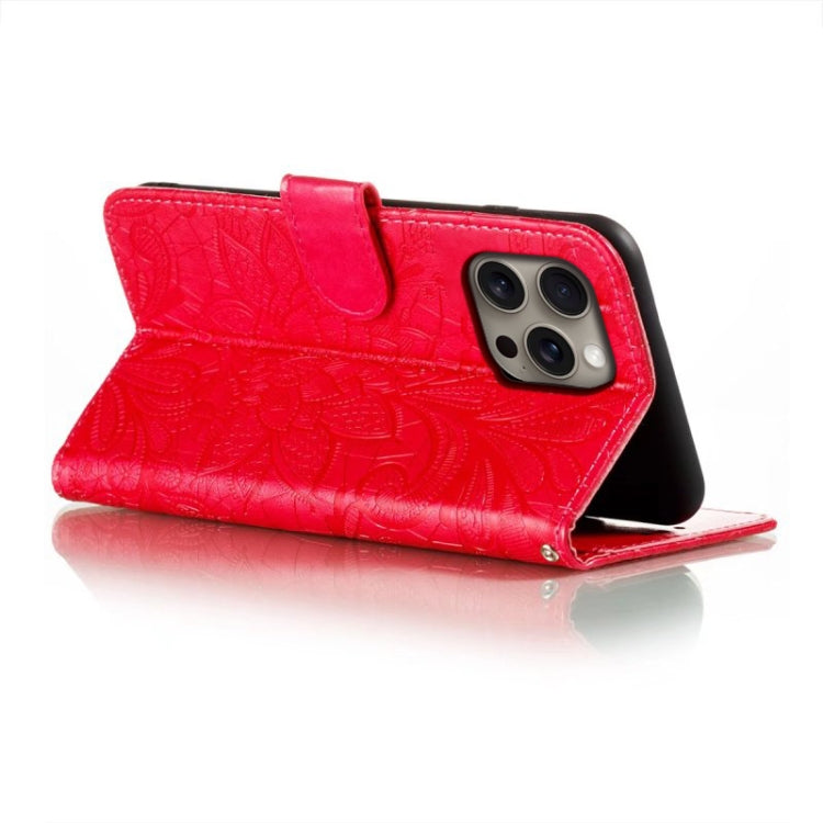 For iPhone 16 Pro Max Lace Flower Embossing Flip Leather Phone Case(Red) by buy2fix