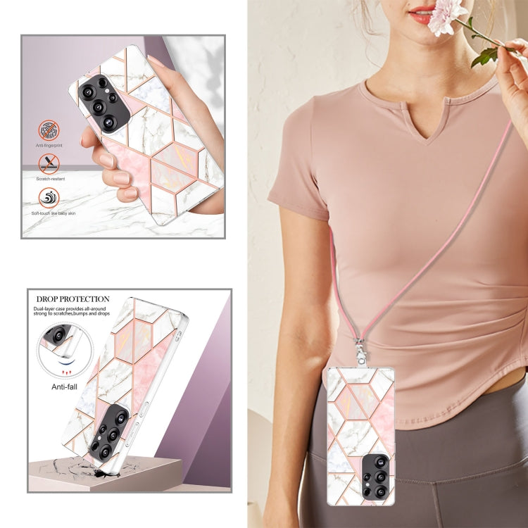 For Samsung Galaxy S25 Ultra 5G Electroplating IMD Splicing Dual-side Marble TPU Phone Case with Lanyard(Pink White) by buy2fix