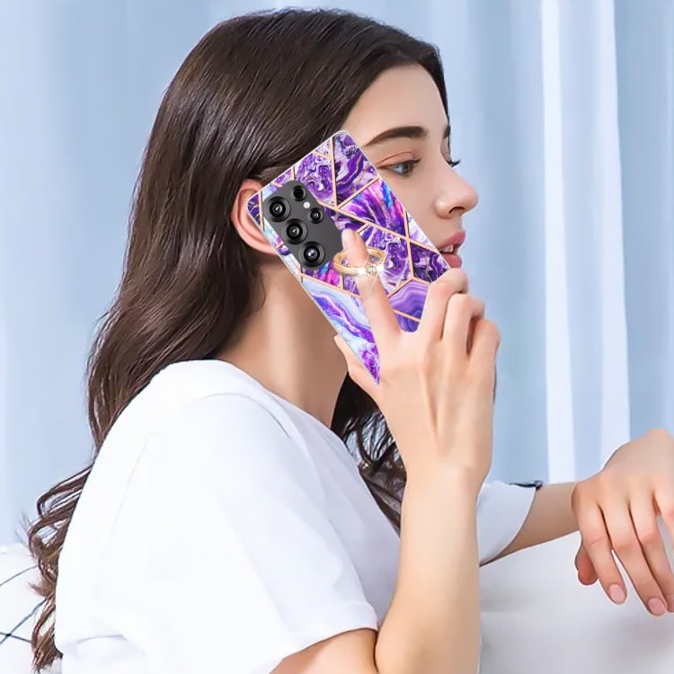 For Samsung Galaxy S25 Ultra 5G Splicing Marble Flower IMD TPU Phone Case Ring Holder(Dark Purple) by buy2fix