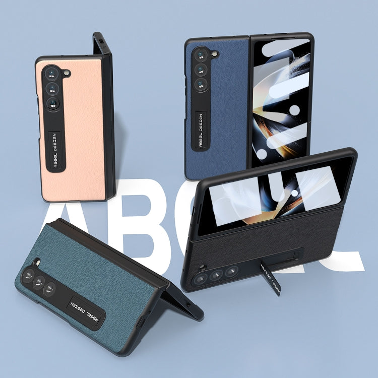 For Samsung Galaxy Z Fold5 ABEEL Integrated Genuine Leather + PC Litchi Texture Phone Case with Holder(Black) - Galaxy Z Fold5 Cases by buy2fix | Online Shopping UK | buy2fix