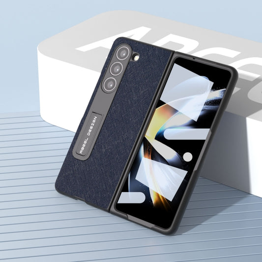 For Samsung Galaxy Z Fold5 ABEEL Integrated Cross Texture Genuine Leather Phone Case with Holder(Blue) - Galaxy Z Fold5 Cases by buy2fix | Online Shopping UK | buy2fix