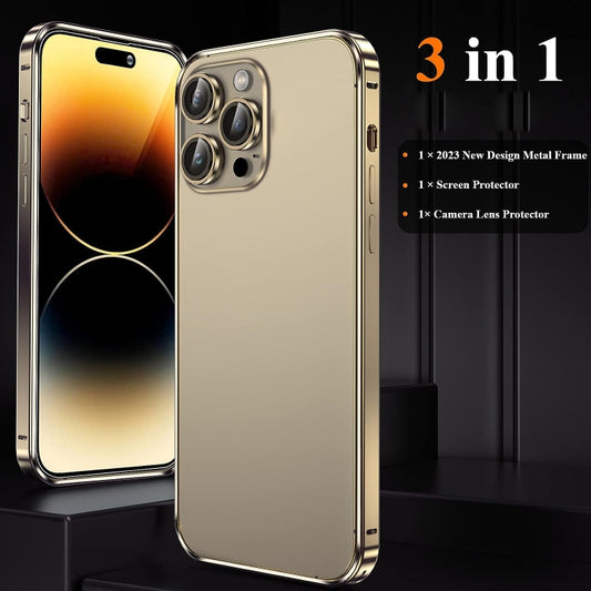 For iPhone 14 Pro 3 in 1 Ultra-thin Metal Frame + Lens + Film Phone Protection Set(Gold) - iPhone 14 Pro Cases by buy2fix | Online Shopping UK | buy2fix