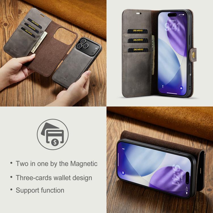 For iPhone 17 Pro Max DG.MING Crazy Horse Texture Detachable Magnetic Leather Phone Case(Grey) - iPhone 17 Pro Max Cases by DG.MING | Online Shopping UK | buy2fix
