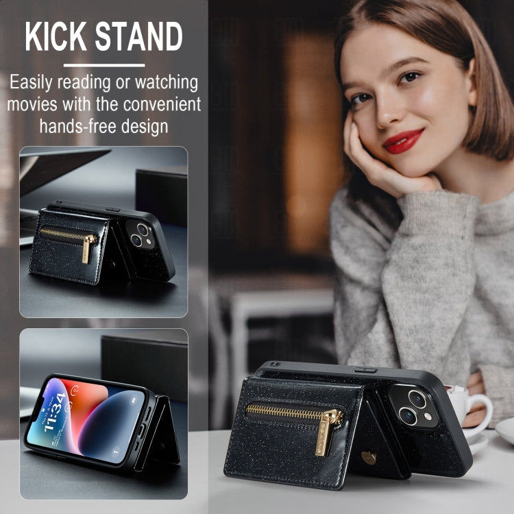 For iPhone 15 Plus DG.MING M3 Series Glitter Powder Card Bag Leather Phone Case(Black) by DG.MING