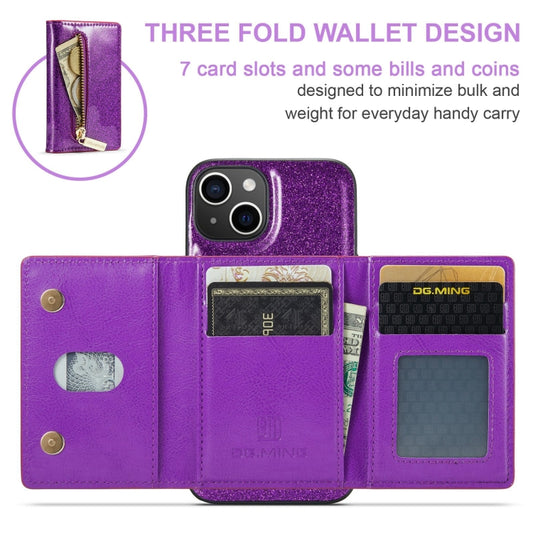 For iPhone 15 Plus DG.MING M3 Series Glitter Powder Card Bag Leather Phone Case(Dark Purple) by DG.MING