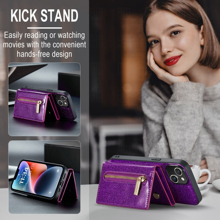 For iPhone 15 Plus DG.MING M3 Series Glitter Powder Card Bag Leather Phone Case(Dark Purple) by DG.MING