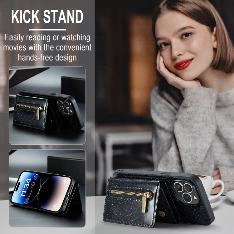 For iPhone 15 Pro DG.MING M3 Series Glitter Powder Card Bag Leather Phone Case(Black) by DG.MING