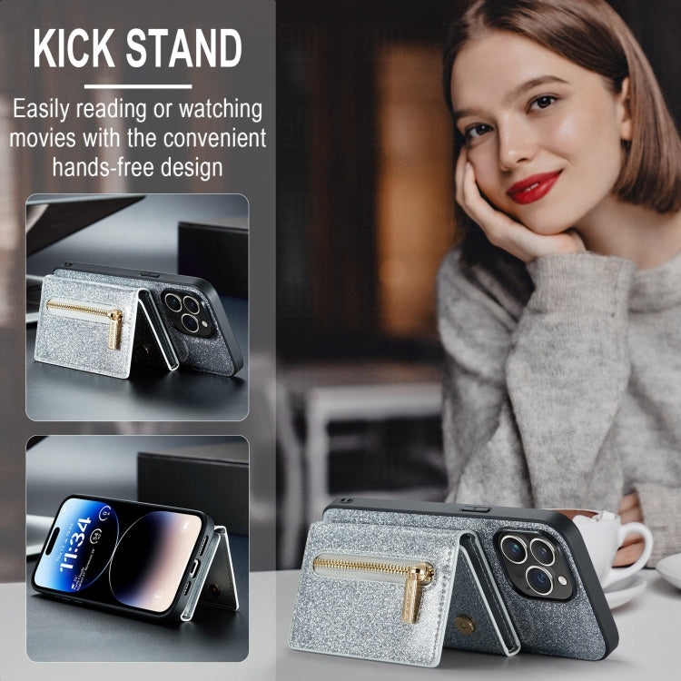 For iPhone 15 Pro DG.MING M3 Series Glitter Powder Card Bag Leather Phone Case(Silver) by DG.MING