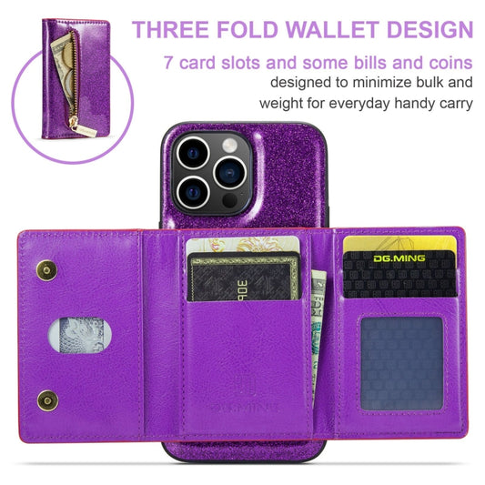 For iPhone 15 Pro DG.MING M3 Series Glitter Powder Card Bag Leather Phone Case(Dark Purple) by DG.MING