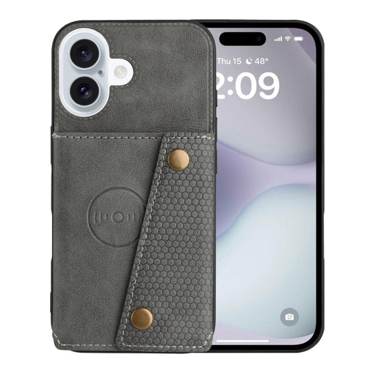 For iPhone 16 Double Buckle Card Slots PU + TPU Phone Case(Grey) by buy2fix