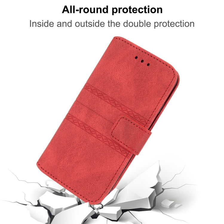 For iPhone 16 Embossed Stripes Skin Feel Leather Phone Case(Red) by buy2fix