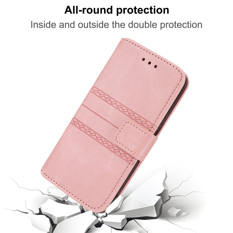 For iPhone 16e Embossed Stripes Skin Feel Leather Phone Case(Pink) by buy2fix