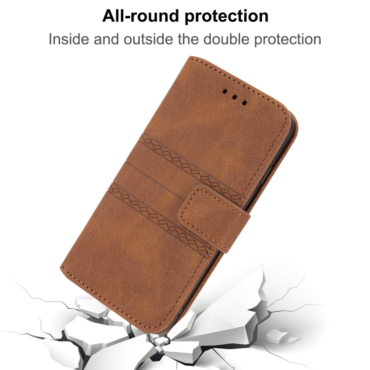 For iPhone 16e Embossed Stripes Skin Feel Leather Phone Case(Brown) by buy2fix