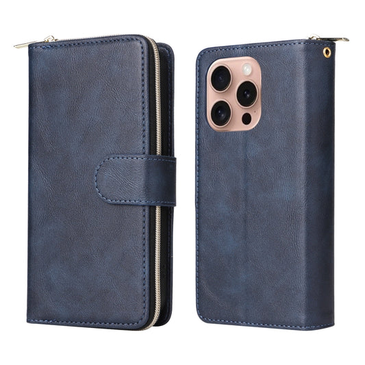 For iPhone 16 Pro 9 Card Slots Zipper Wallet Bag Leather Phone Case(Blue) by buy2fix