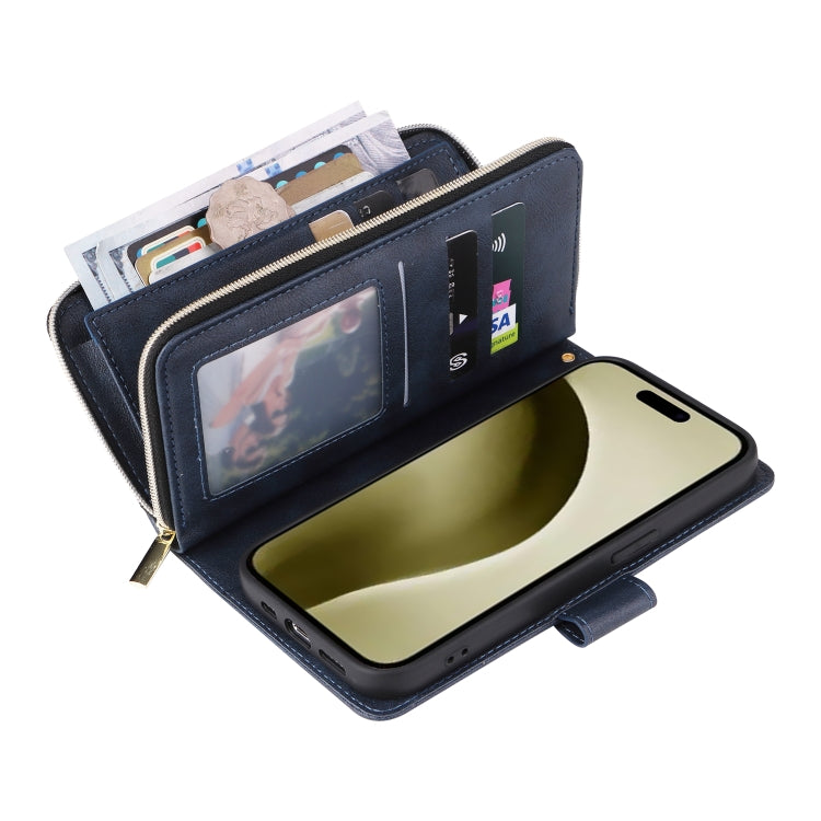 For iPhone 16 Pro 9 Card Slots Zipper Wallet Bag Leather Phone Case(Blue) by buy2fix