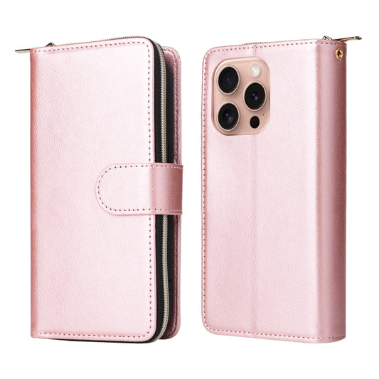 For iPhone 16 Pro 9 Card Slots Zipper Wallet Bag Leather Phone Case(Rose Gold) by buy2fix