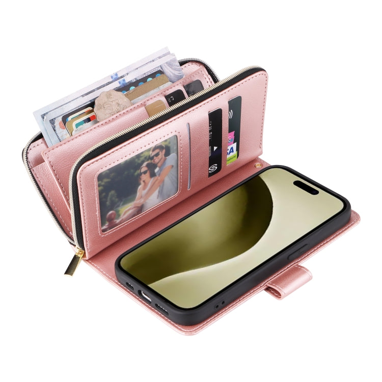 For iPhone 16 Pro 9 Card Slots Zipper Wallet Bag Leather Phone Case(Rose Gold) by buy2fix