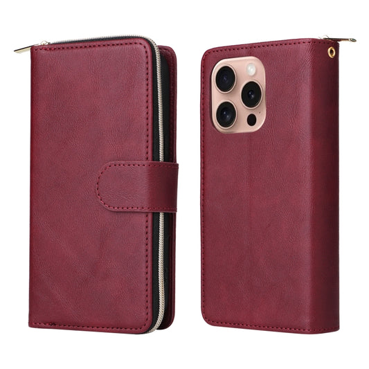 For iPhone 16 Pro 9 Card Slots Zipper Wallet Bag Leather Phone Case(Wine Red) by buy2fix