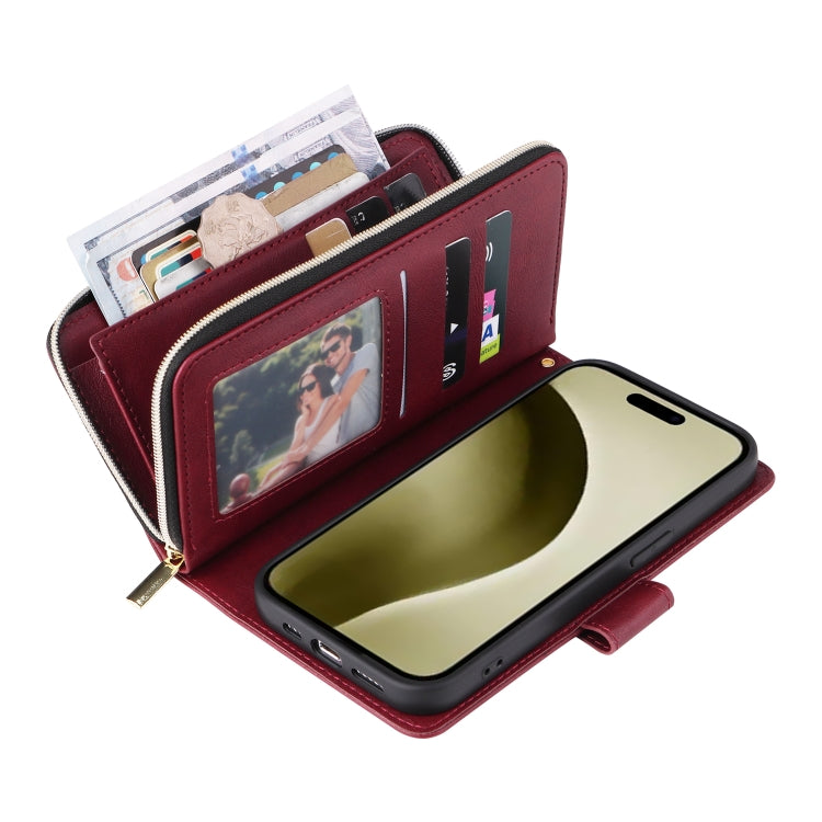 For iPhone 16 Pro 9 Card Slots Zipper Wallet Bag Leather Phone Case(Wine Red) by buy2fix