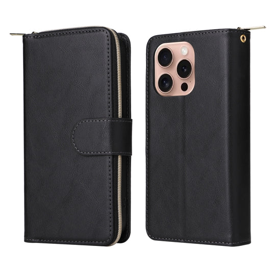 For iPhone 16 Pro 9 Card Slots Zipper Wallet Bag Leather Phone Case(Black) by buy2fix
